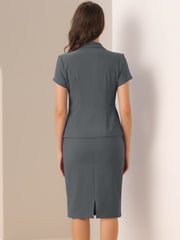 2 Piece Short Sleeve Notched Lapel Blazer Jacket & Pencil Midi Skirt Suit Set