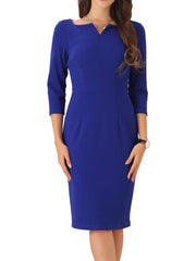 Notch Neck 3/4 Sleeve Work Office Business Midi Sheath Dress