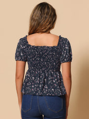 Puff Short Sleeve Floral Shirred Ruffle Peplum Blouse