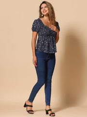 Puff Short Sleeve Floral Shirred Ruffle Peplum Blouse