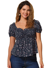 Puff Short Sleeve Floral Shirred Ruffle Peplum Blouse