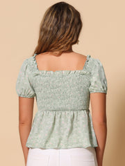 Puff Short Sleeve Floral Shirred Ruffle Peplum Blouse