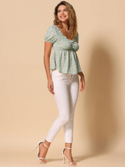 Puff Short Sleeve Floral Shirred Ruffle Peplum Blouse