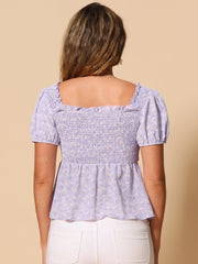Puff Short Sleeve Floral Shirred Ruffle Peplum Blouse