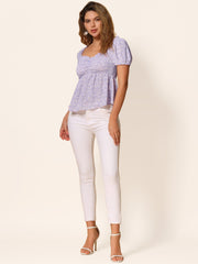 Puff Short Sleeve Floral Shirred Ruffle Peplum Blouse