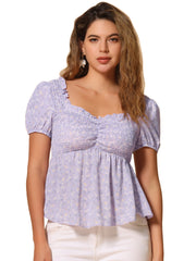 Puff Short Sleeve Floral Shirred Ruffle Peplum Blouse