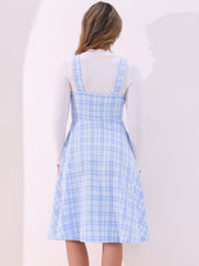 Tweed Plaid Sleeveless Pockets A-Line Pinafore Overall Dress