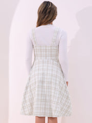 Tweed Plaid Sleeveless Pockets A-Line Pinafore Overall Dress