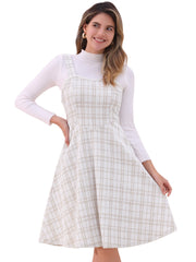 Tweed Plaid Sleeveless Pockets A-Line Pinafore Overall Dress