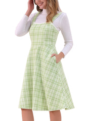 Tweed Plaid Sleeveless Pockets A-Line Pinafore Overall Dress