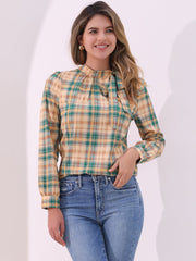 Bow Tie Neck Grid Checks Shirt Office Work Tops Blouse