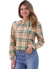 Bow Tie Neck Grid Checks Shirt Office Work Tops Blouse