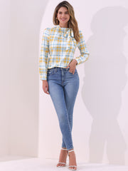 Bow Tie Neck Grid Checks Shirt Office Work Tops Blouse