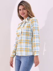 Bow Tie Neck Grid Checks Shirt Office Work Tops Blouse