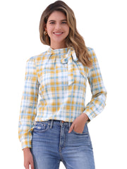 Bow Tie Neck Grid Checks Shirt Office Work Tops Blouse