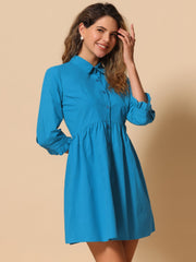 Ruched 3/4 Sleeve Button Up Casual Mini Shirt Dress