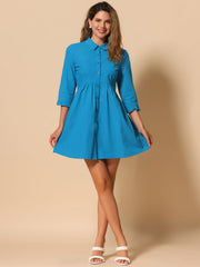 Ruched 3/4 Sleeve Button Up Casual Mini Shirt Dress