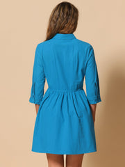 Ruched 3/4 Sleeve Button Up Casual Mini Shirt Dress