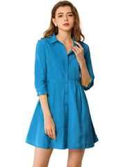 Ruched 3/4 Sleeve Button Up Casual Mini Shirt Dress