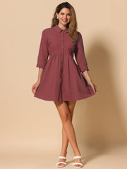 Ruched 3/4 Sleeve Button Up Casual Mini Shirt Dress