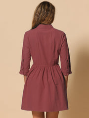 Ruched 3/4 Sleeve Button Up Casual Mini Shirt Dress