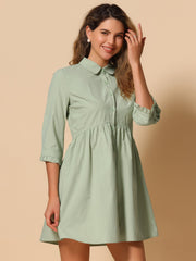 Ruched 3/4 Sleeve Button Up Casual Mini Shirt Dress