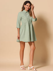 Ruched 3/4 Sleeve Button Up Casual Mini Shirt Dress