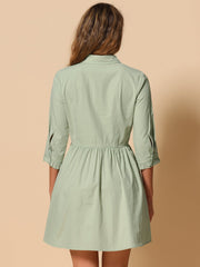 Ruched 3/4 Sleeve Button Up Casual Mini Shirt Dress