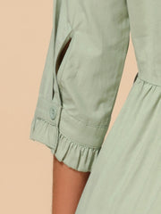 Ruched 3/4 Sleeve Button Up Casual Mini Shirt Dress