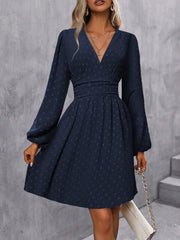 Swiss Dots Lantern Long Sleeve Midi A-Line Dress