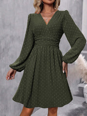 Swiss Dots Lantern Long Sleeve Midi A-Line Dress