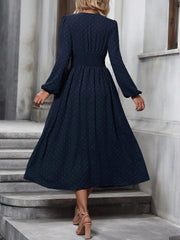 Vintage-Chic V Neck Swiss Polka Dots Lantern Long Sleeve Midi Office Dress