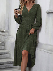 Vintage-Chic V Neck Swiss Polka Dots Lantern Long Sleeve Midi Office Dress