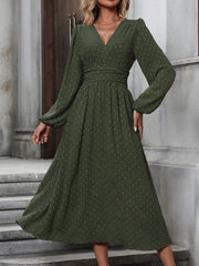 Vintage-Chic V Neck Swiss Polka Dots Lantern Long Sleeve Midi Office Dress