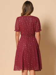 Square Neck Metallic Stars Ruffle Short Sleeve A-Line Smocked Waist Midi Dress