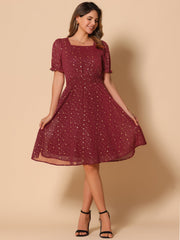 Square Neck Metallic Stars Ruffle Short Sleeve A-Line Smocked Waist Midi Dress