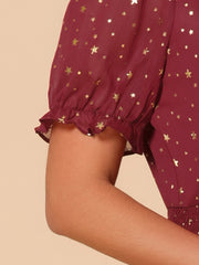Square Neck Metallic Stars Ruffle Short Sleeve A-Line Smocked Waist Midi Dress