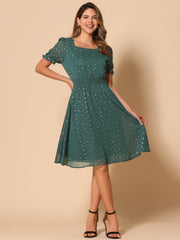 Square Neck Metallic Stars Ruffle Short Sleeve A-Line Smocked Waist Midi Dress