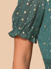 Square Neck Metallic Stars Ruffle Short Sleeve A-Line Smocked Waist Midi Dress