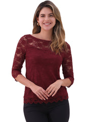 Floral Lace Sheer 3/4 Sleeve Boat Neck Blouse
