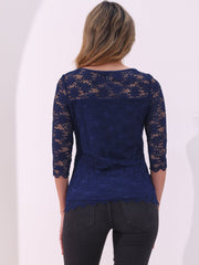 Floral Lace Sheer 3/4 Sleeve Boat Neck Blouse