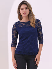 Floral Lace Sheer 3/4 Sleeve Boat Neck Blouse