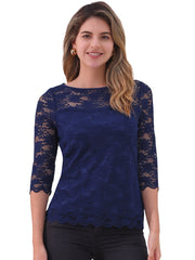 Floral Lace Sheer 3/4 Sleeve Boat Neck Blouse