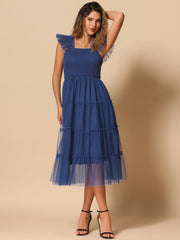 Smocked Tiered Ruffled Sleeveless Midi A-Line Dress