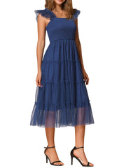 Smocked Tiered Ruffled Sleeveless Midi A-Line Dress