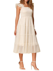 Smocked Tiered Ruffled Sleeveless Midi A-Line Dress