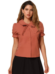 Peter Pan Collar Tie Neck Casual Cute Cotton Button-Up Shirt