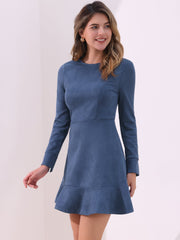 Faux Suede Round Neck Long Sleeve Ruffle Hem Party Mini Dress