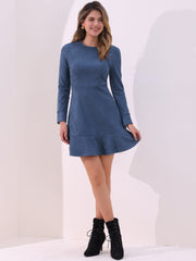 Faux Suede Round Neck Long Sleeve Ruffle Hem Party Mini Dress