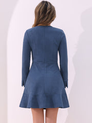 Faux Suede Round Neck Long Sleeve Ruffle Hem Party Mini Dress